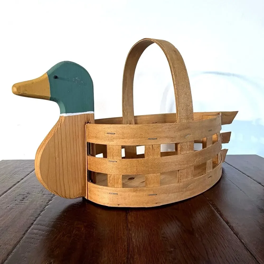 Vintage Wood & Woven Slat Mallard Duck Handled Basket | Rustic Country Basket
